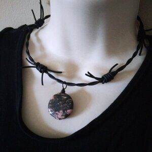 Edgy & Risque`~ Rhodonite Coin on Barbwire Leather Cordage - OOAK Choker 16"